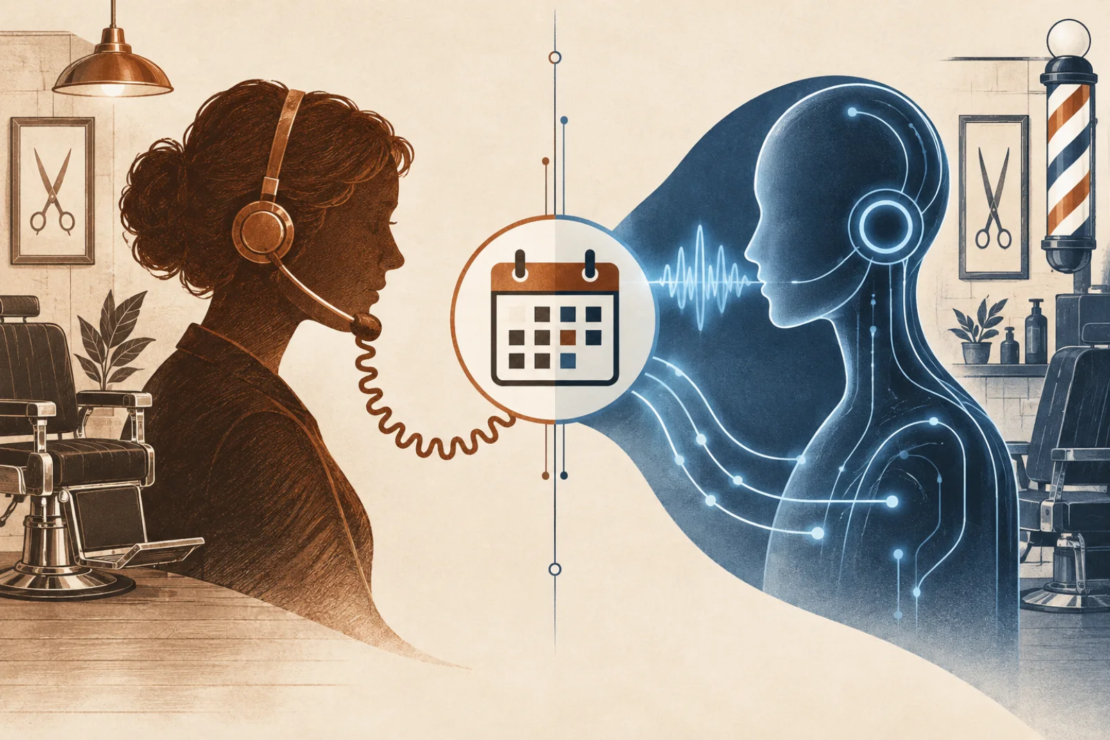 Illustrated human and AI receptionists facing a shared booking calendar