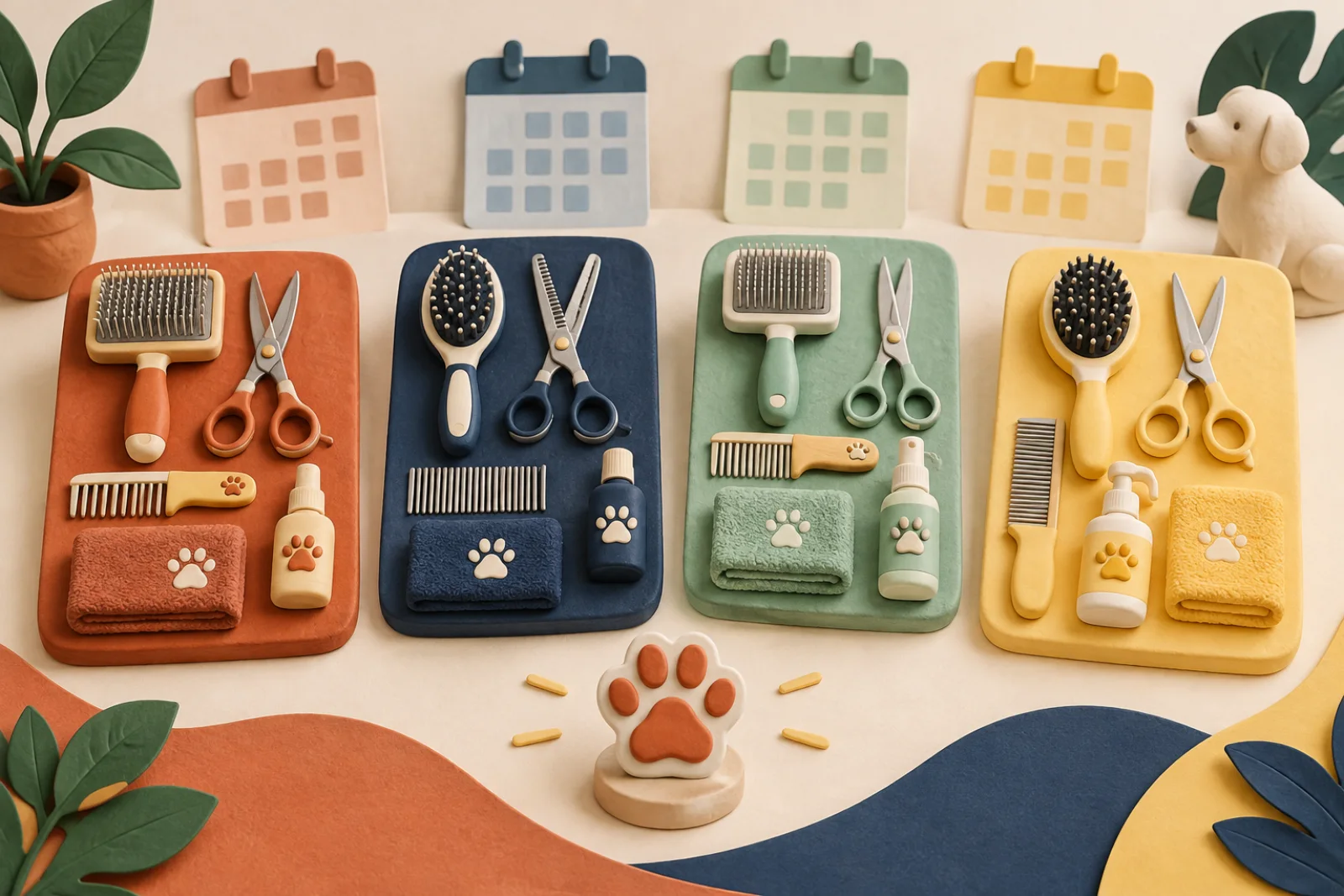 Four color-coded pet grooming tool kits with booking calendars