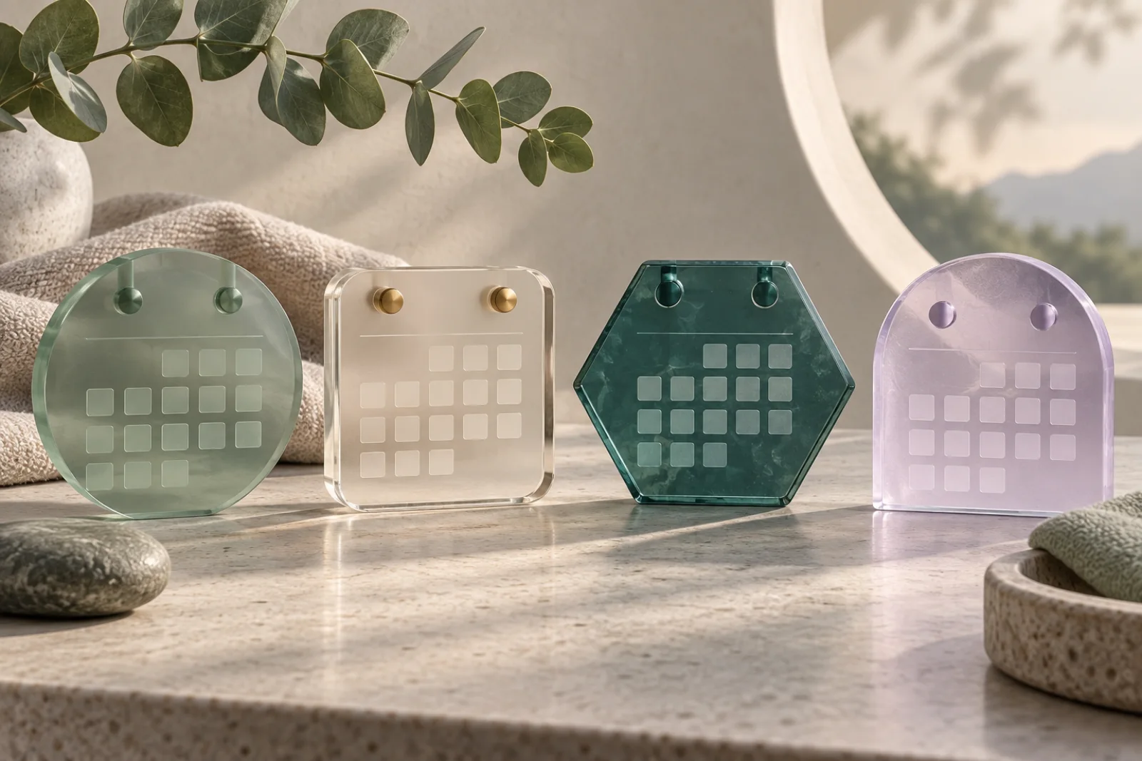 Four colorful spa booking calendar tiles arranged for comparison