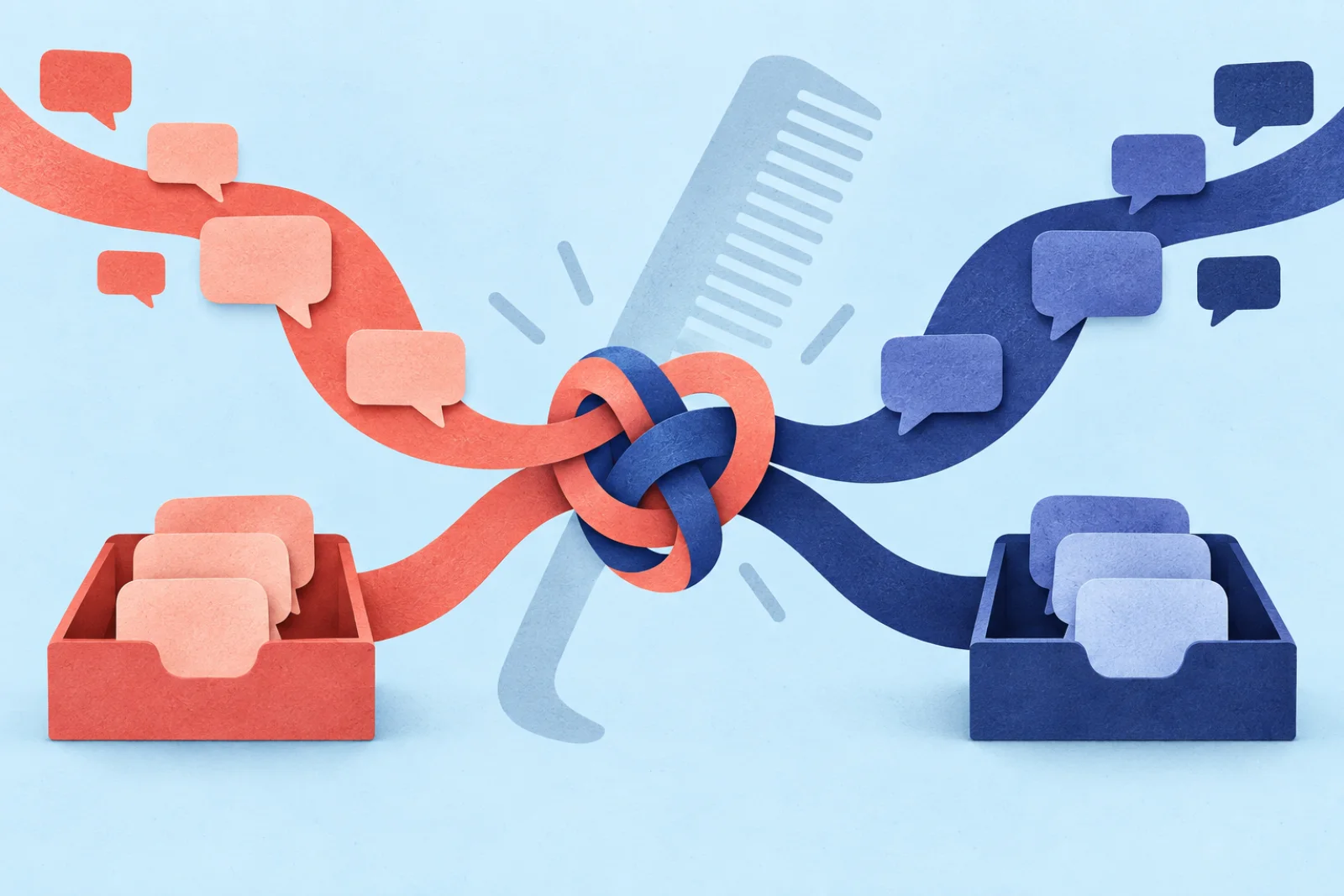 Separate coral and blue message streams flowing into different inboxes