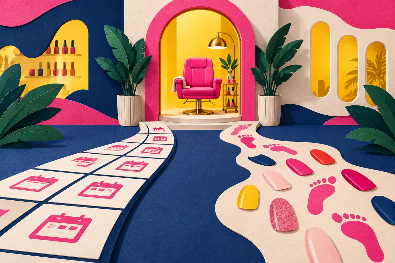 Illustrated appointment and walk-in paths leading to a nail salon chair