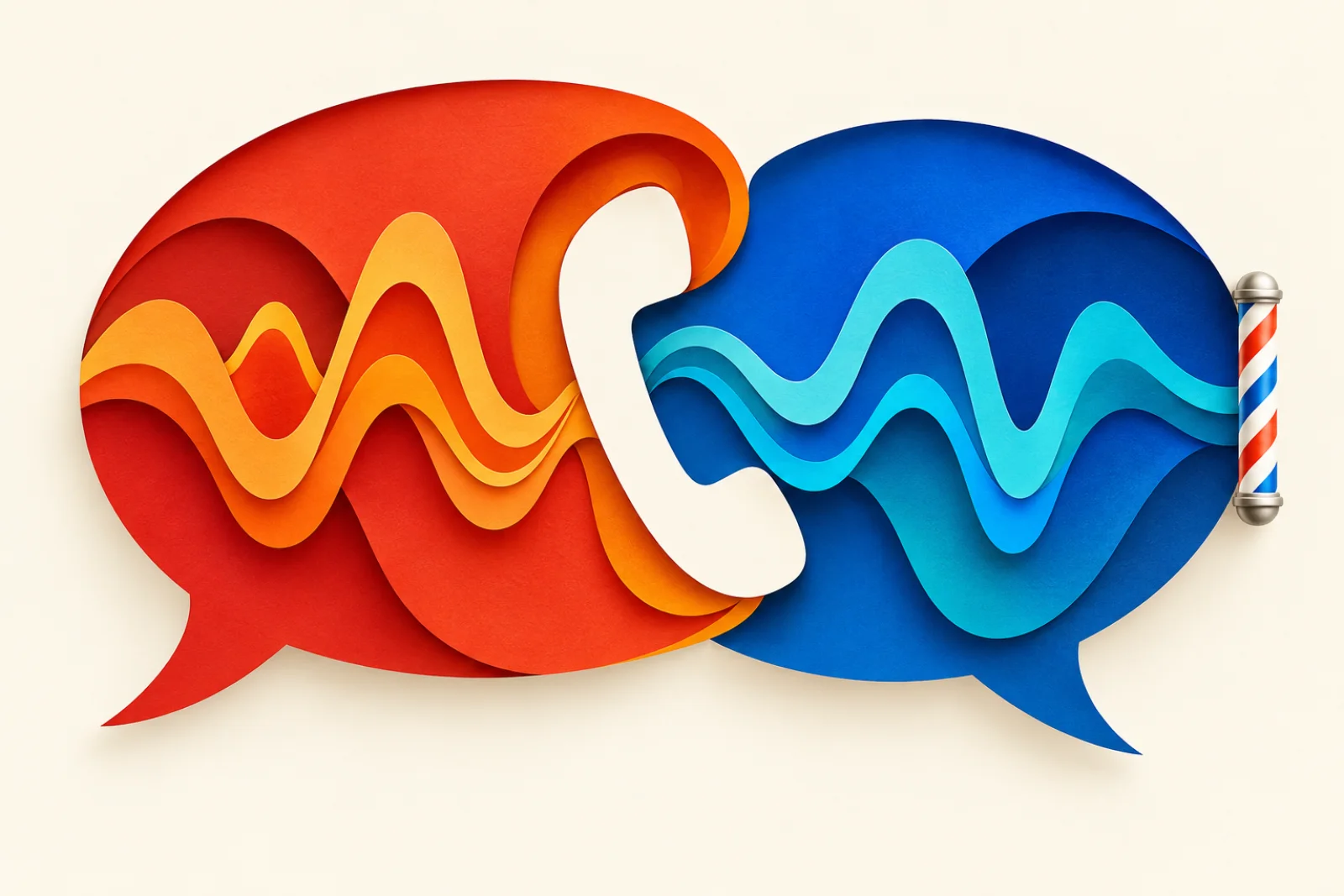 Two colorful speech bubbles with sound waves joined by a phone receiver
