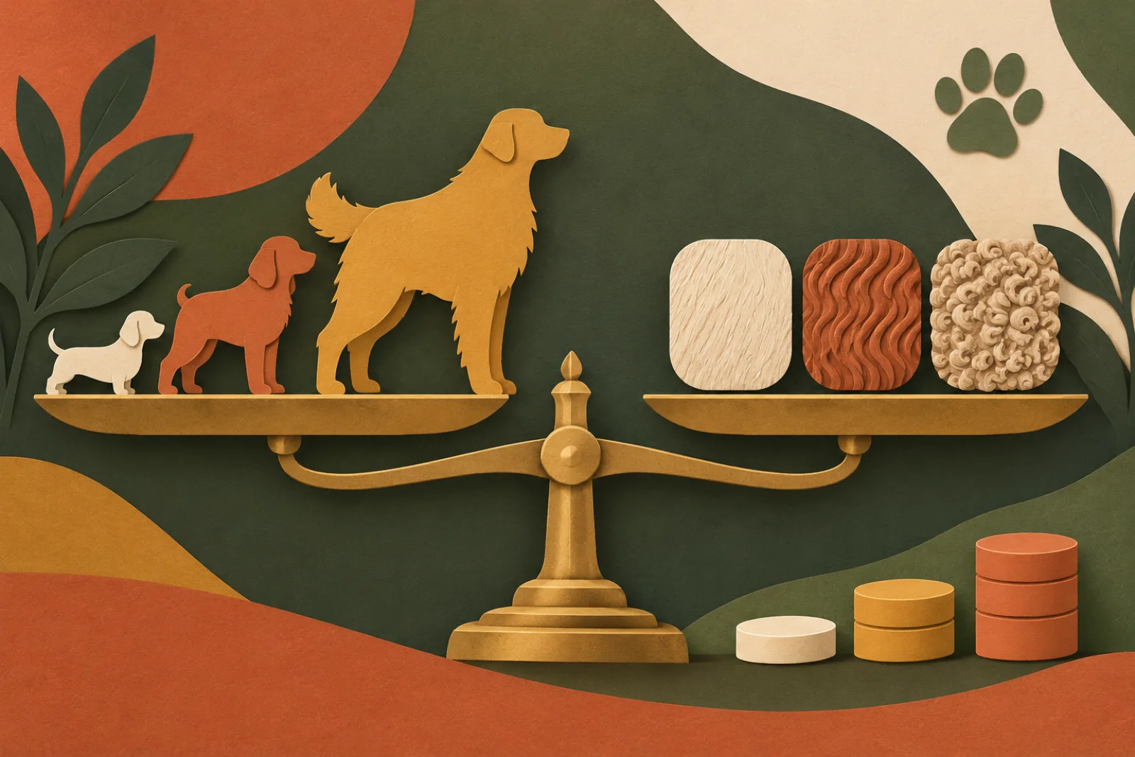 Dog size silhouettes and coat textures balanced on a pricing scale