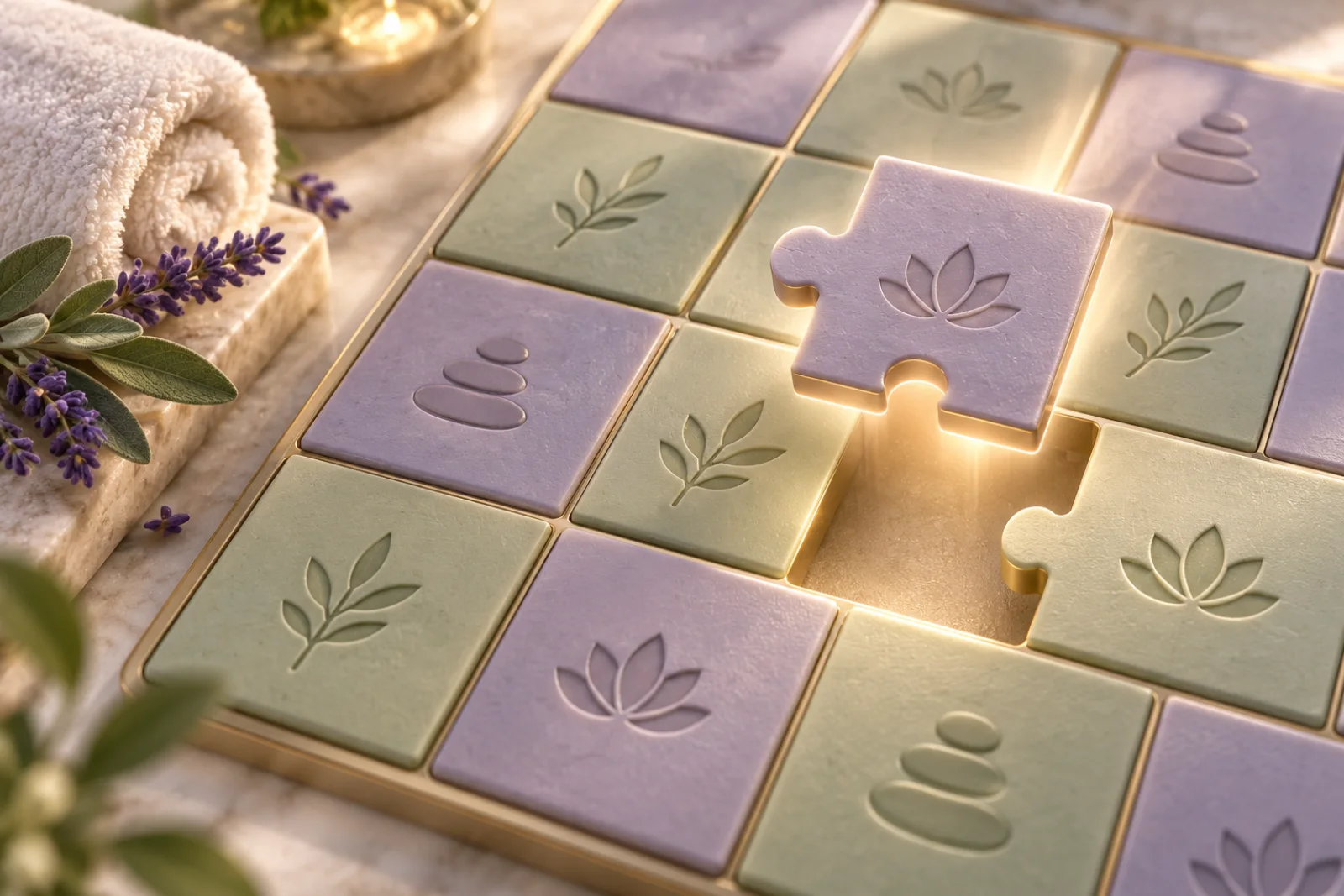 Spa calendar tile puzzle with an open appointment slot being filled
