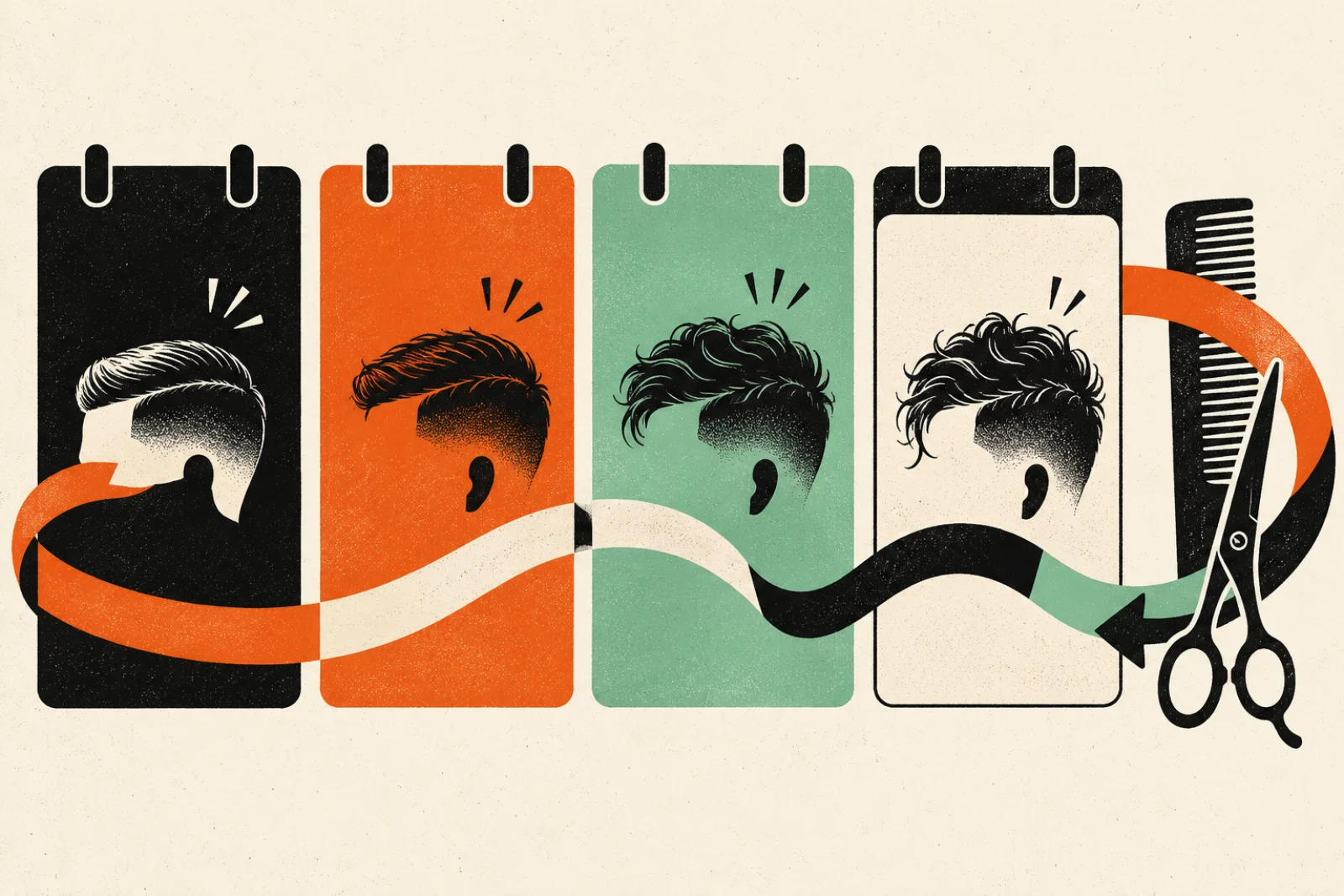 Four weekly haircut calendar cards connected by a rebooking ribbon