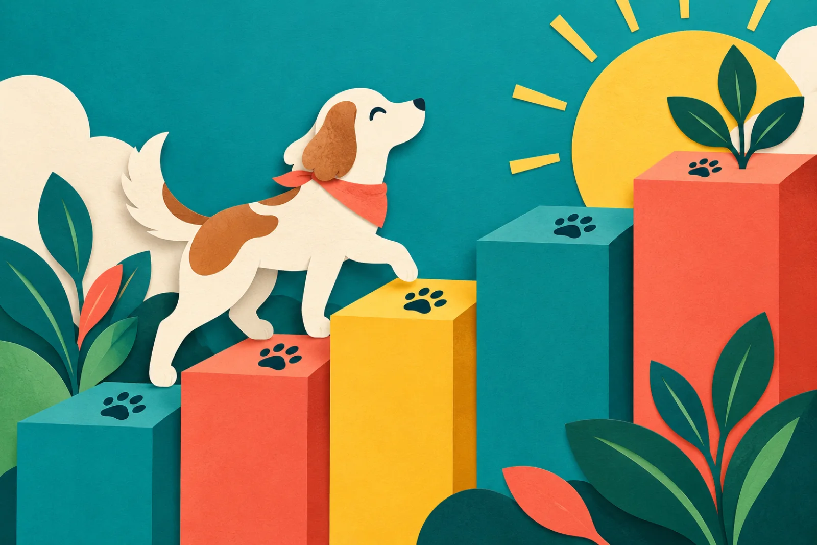Illustrated dog climbing colorful steps marked with paw prints