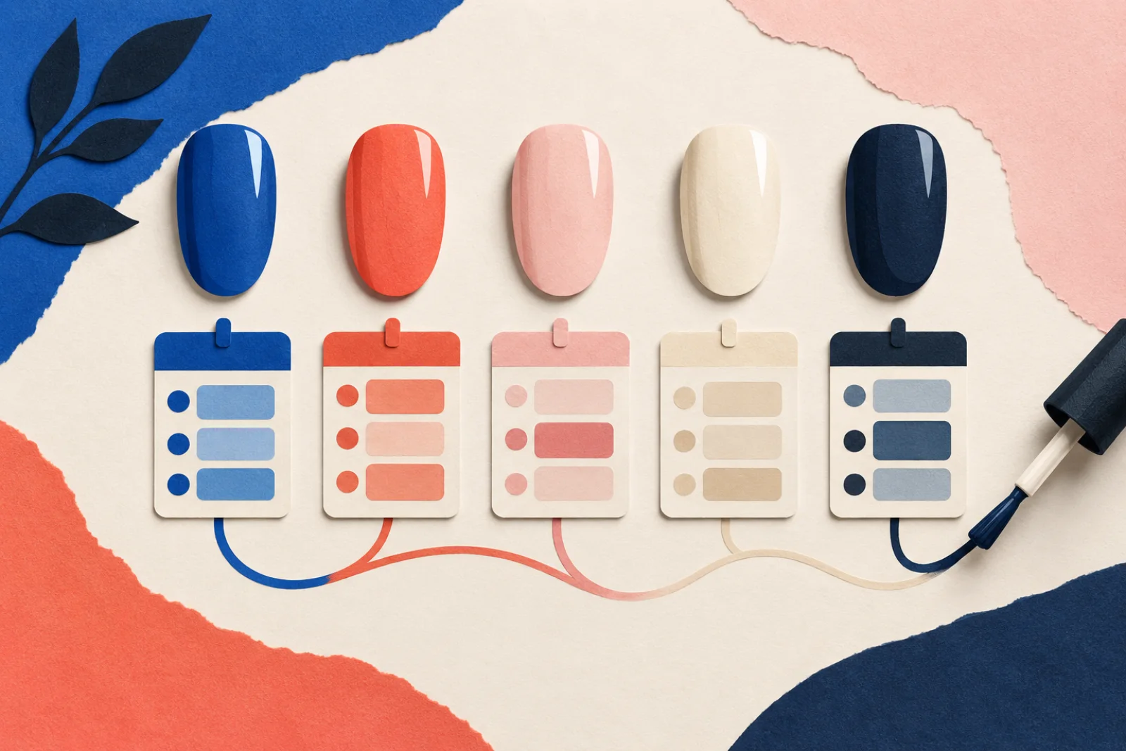 Paper-cut nail polish swatches and comparison cards in five colors