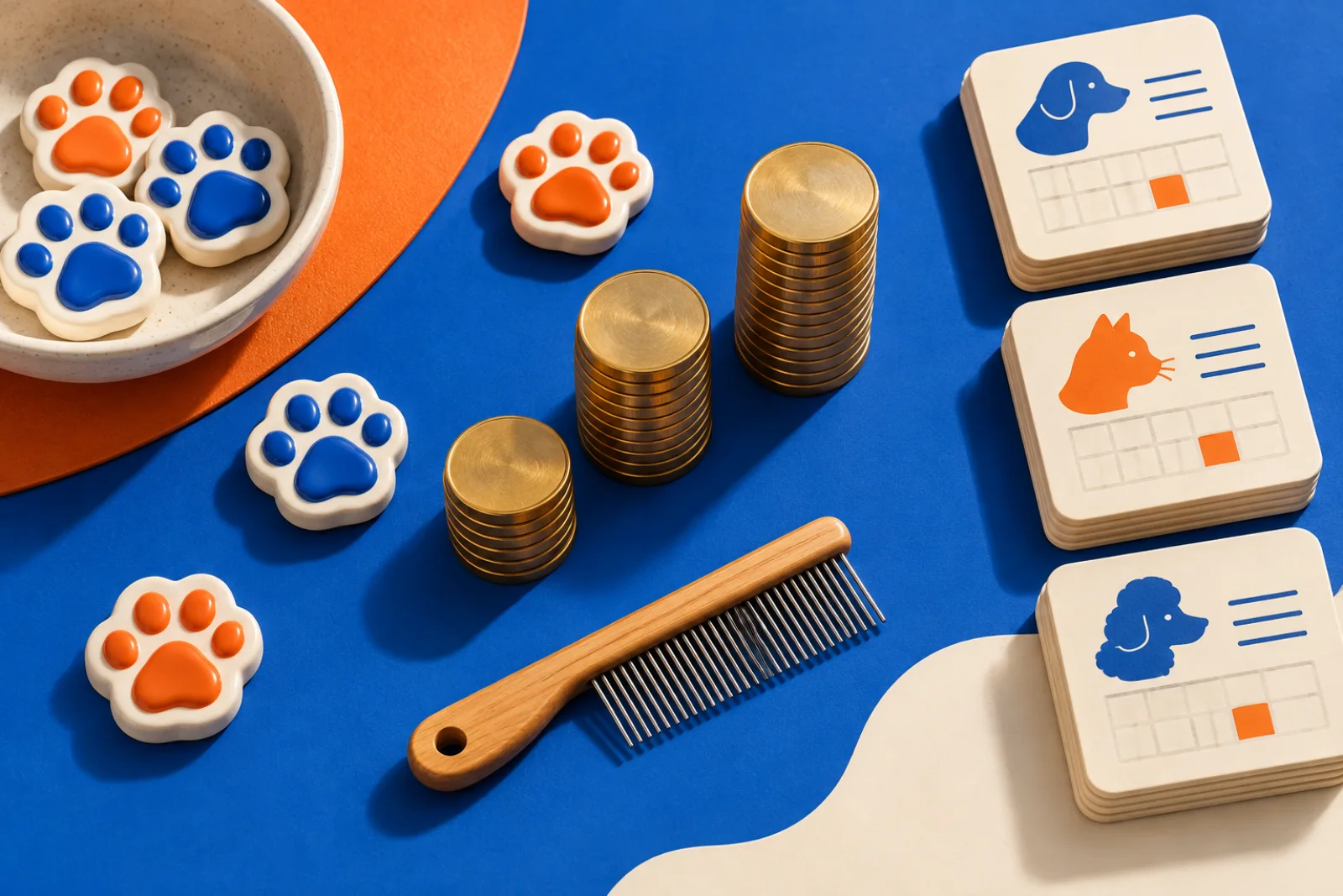 Paw tokens, coin stacks, and pet appointment cards on a blue background
