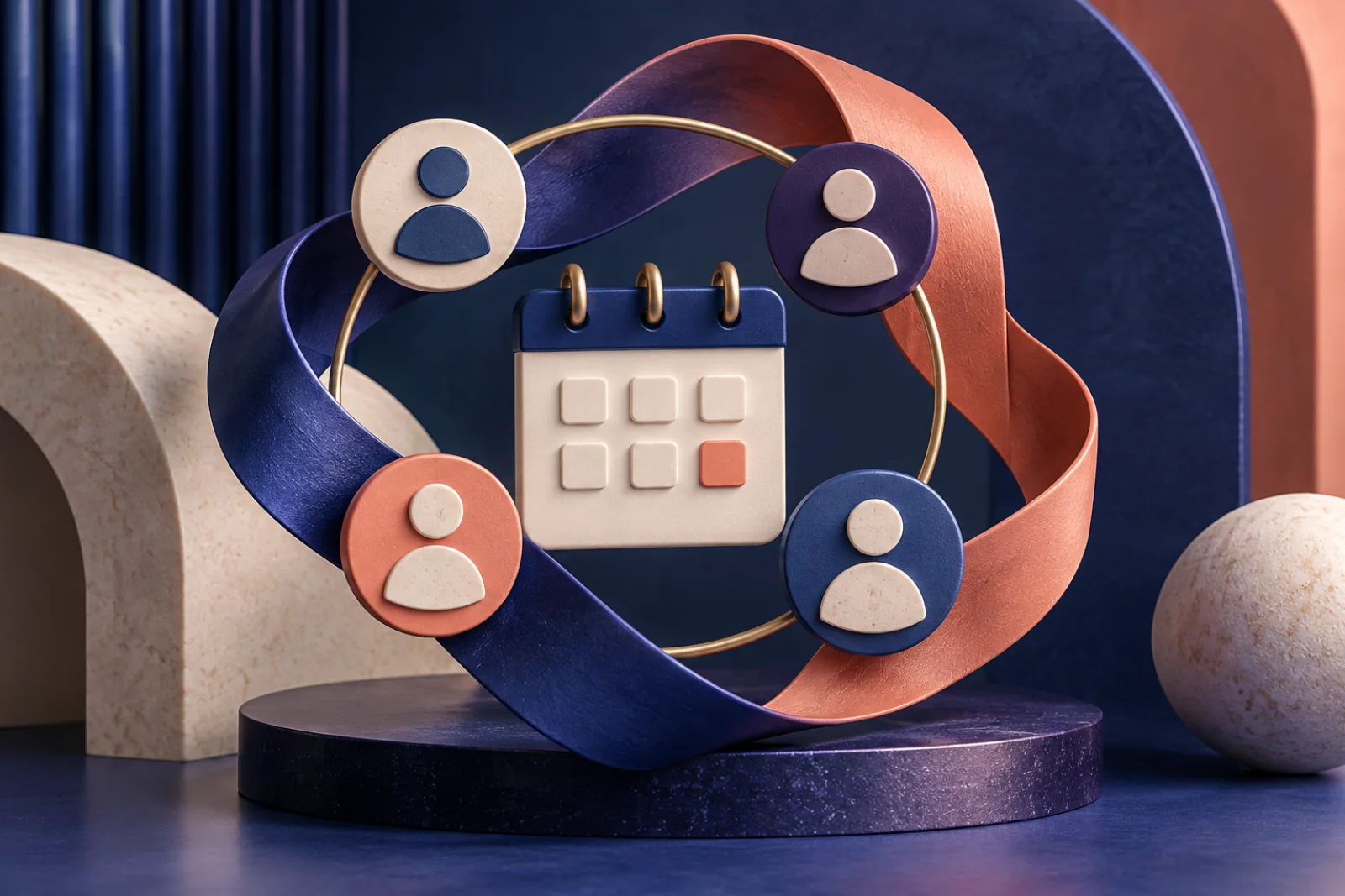 Connected client icons and a calendar within looping ribbons