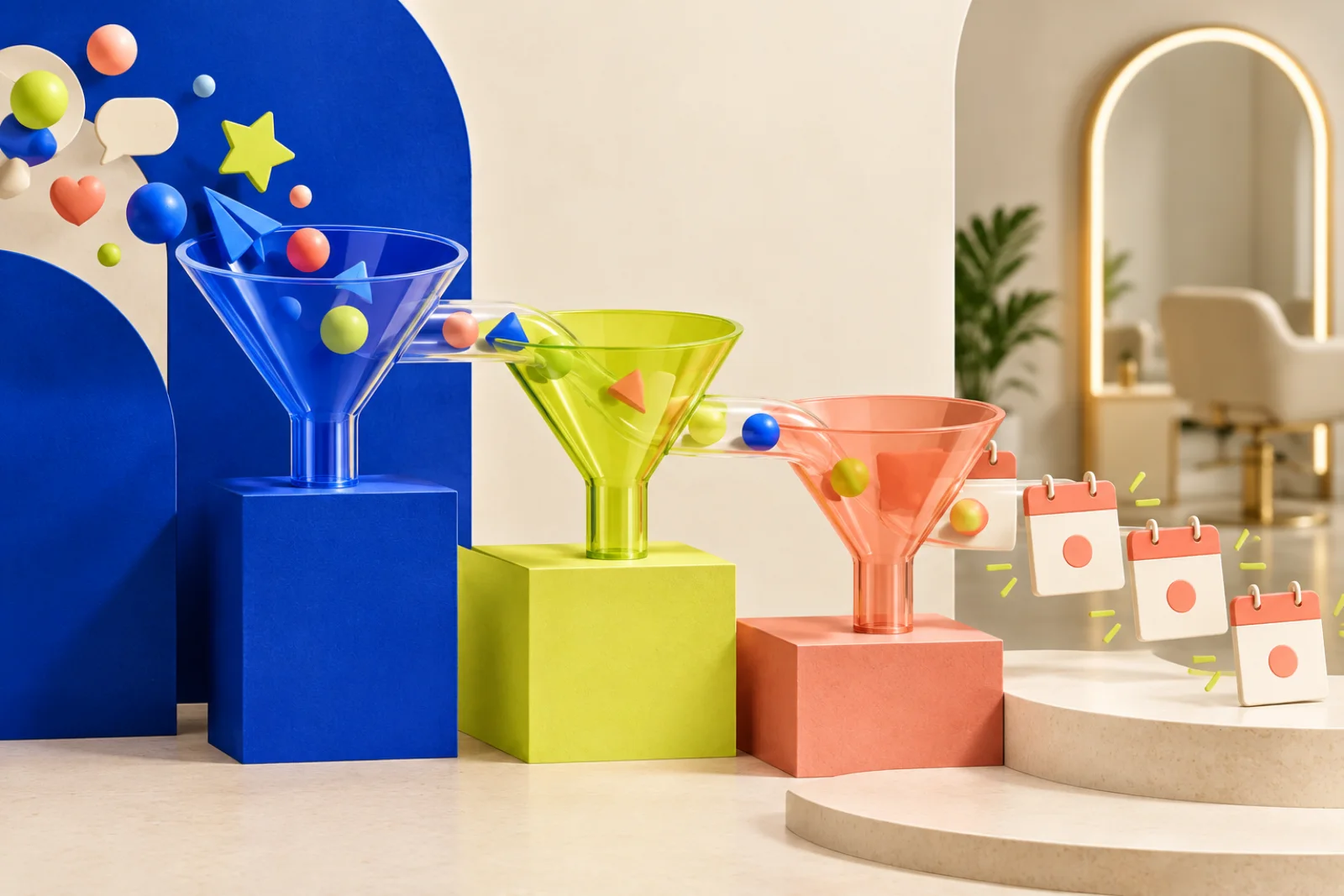 Colorful marketing funnels turning salon interest into booked appointments