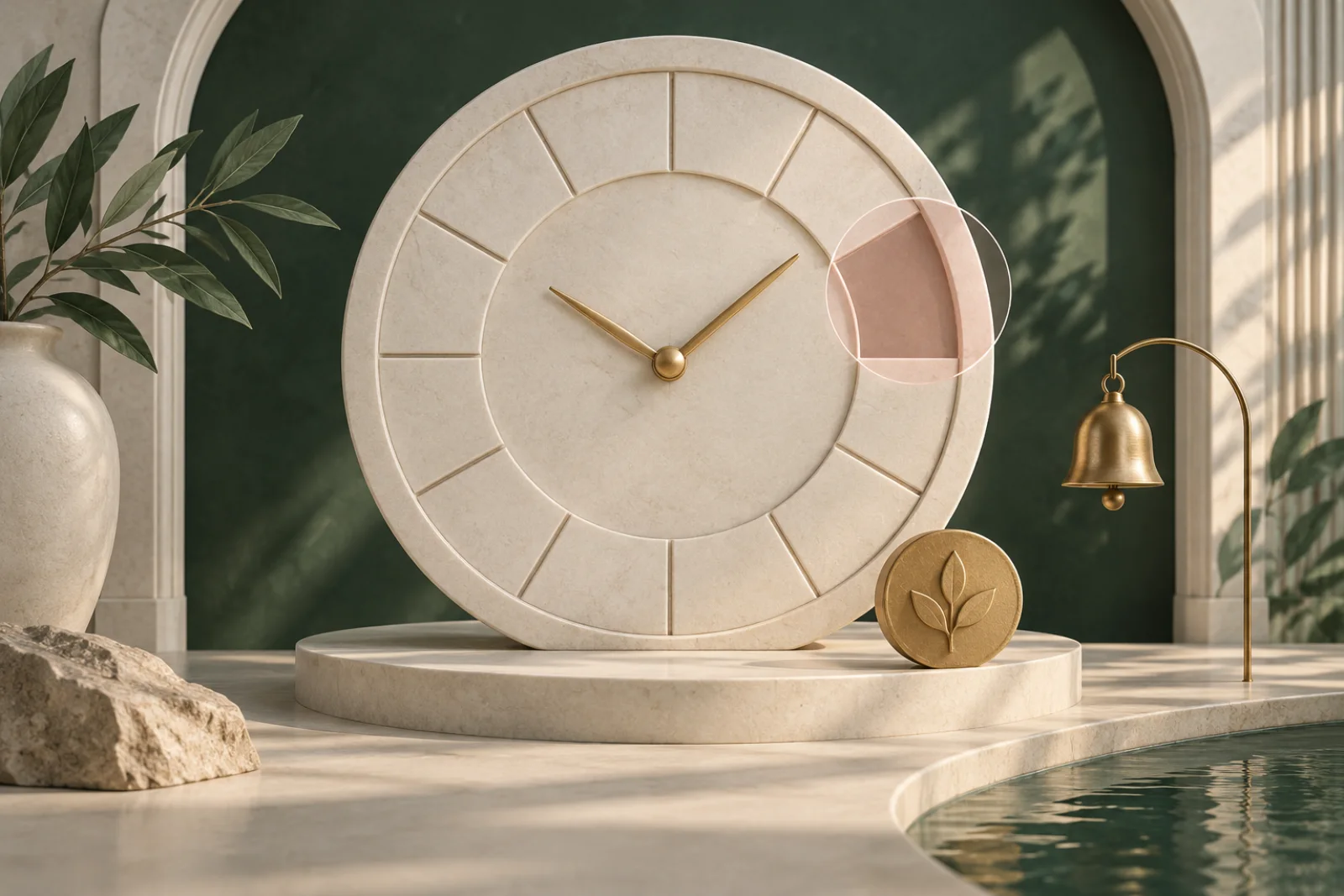 Stone clock with an empty appointment segment, reminder bell, and deposit token