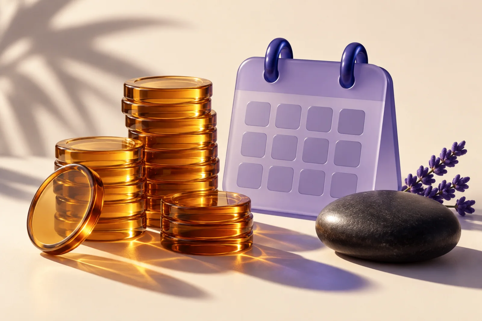 Amber coin stacks beside a lavender calendar and spa stone
