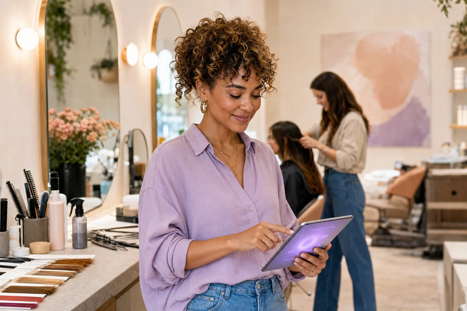 Salon owner planning marketing content with an AI presentation tool