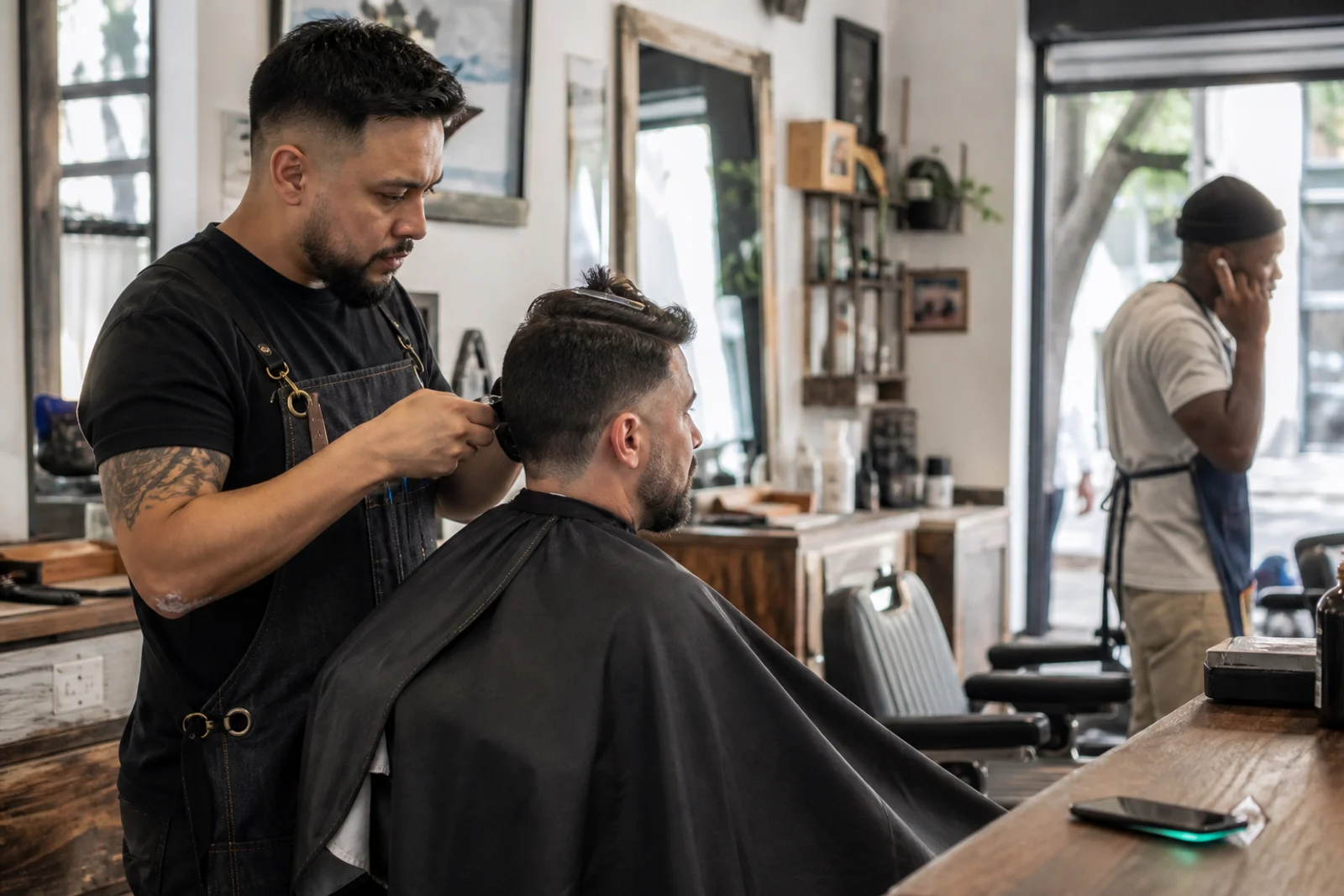 Barber cutting a client's hair while a coworker answers a phone call