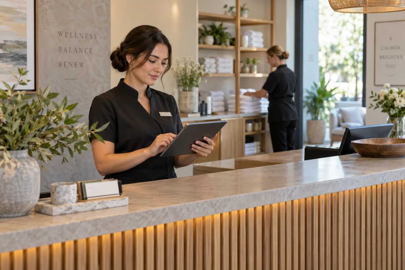 Spa receptionist checking a tablet while a colleague prepares clean towels