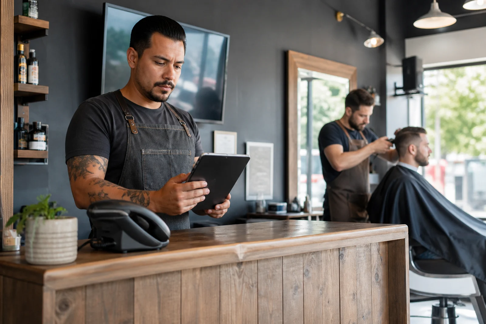 Barber using a tablet at the front desk while another barber cuts a client's hair