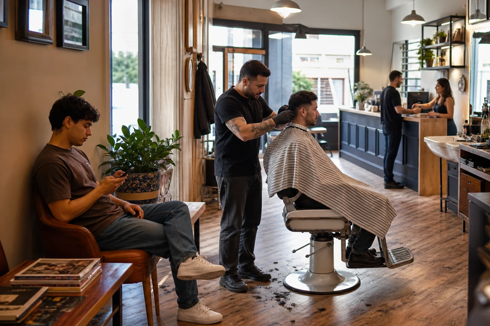 Busy barbershop with a client waiting while a barber gives a haircut