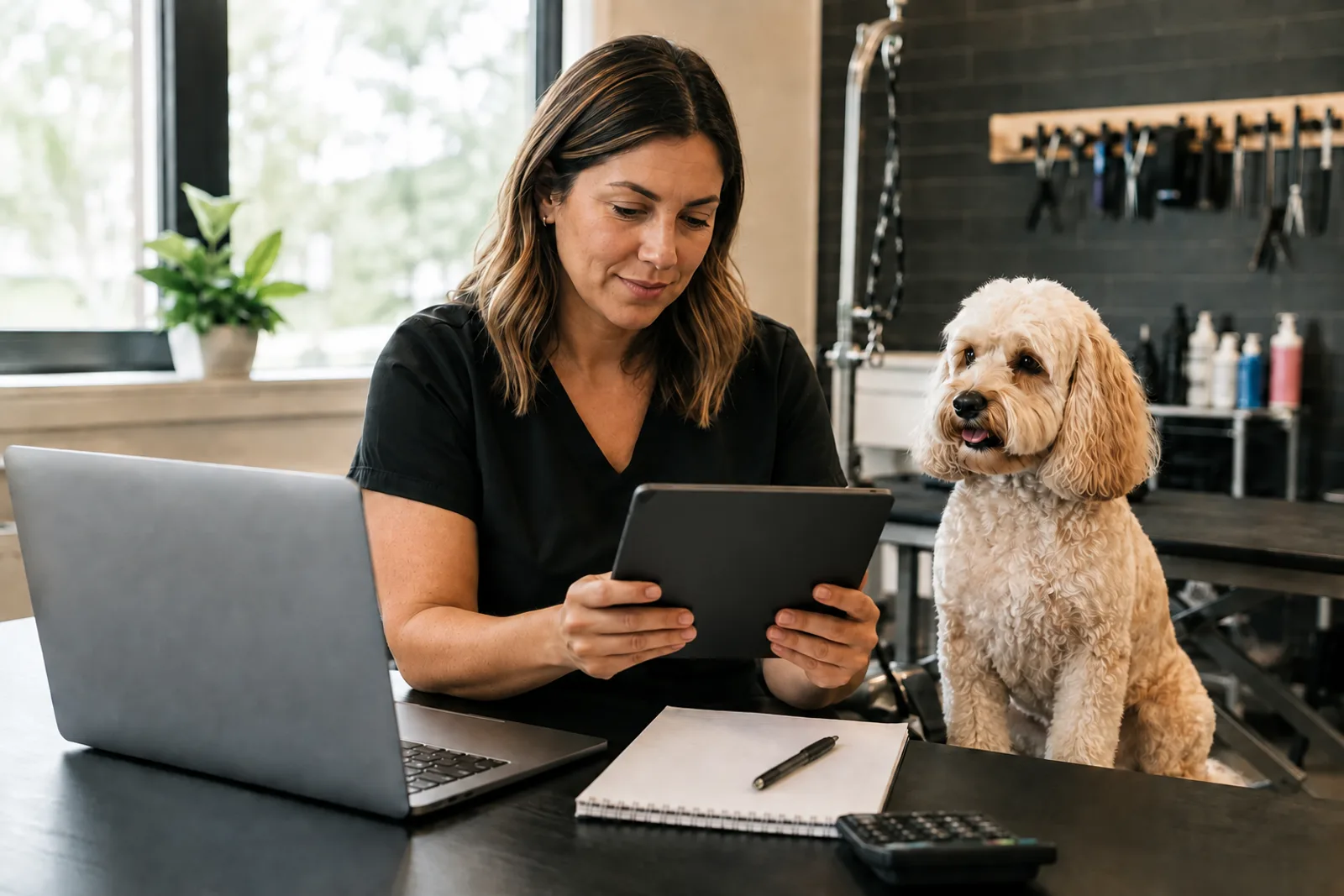 Pet grooming business owner comparing software options