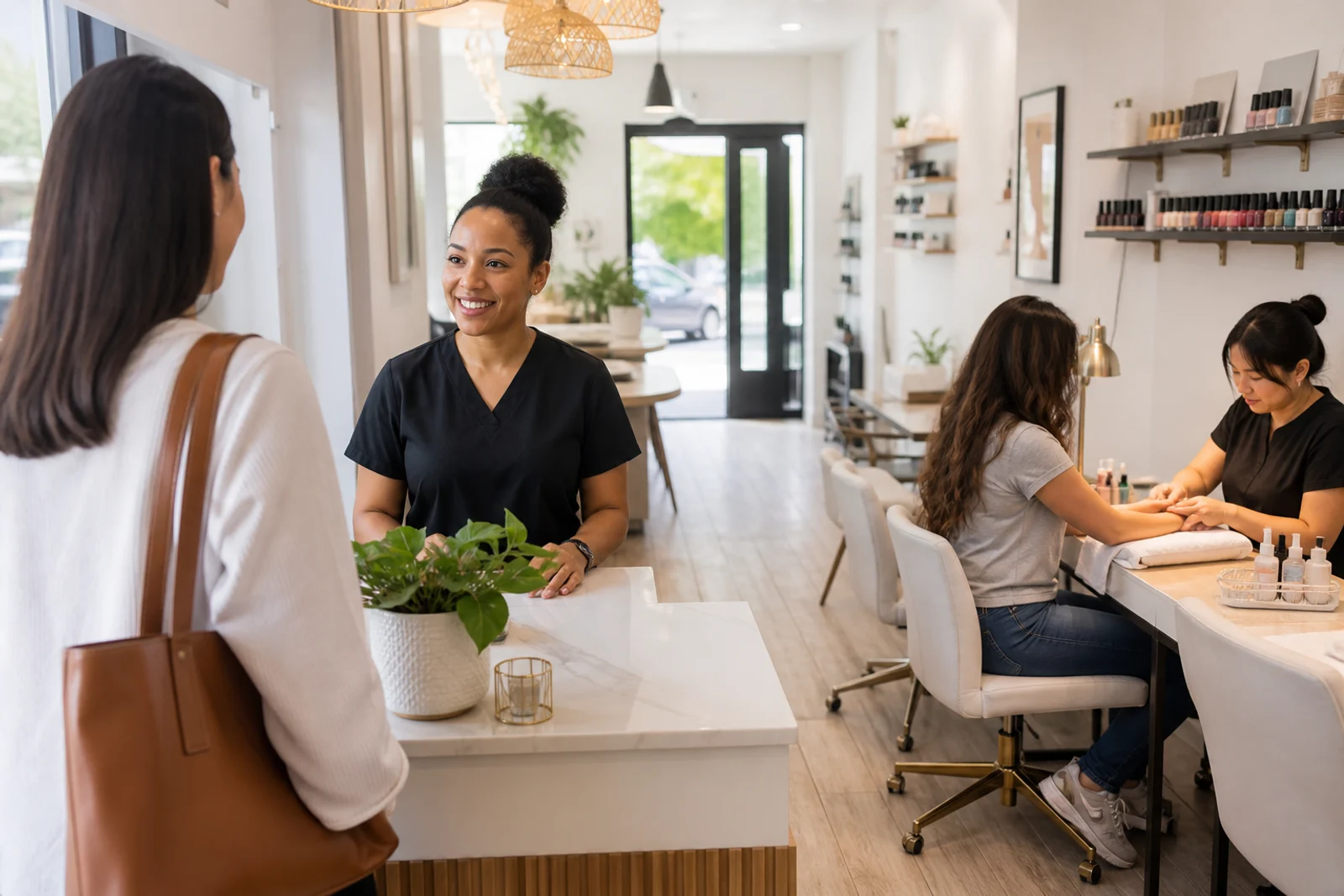 Nail salon reception area balancing walk-in and booked clients