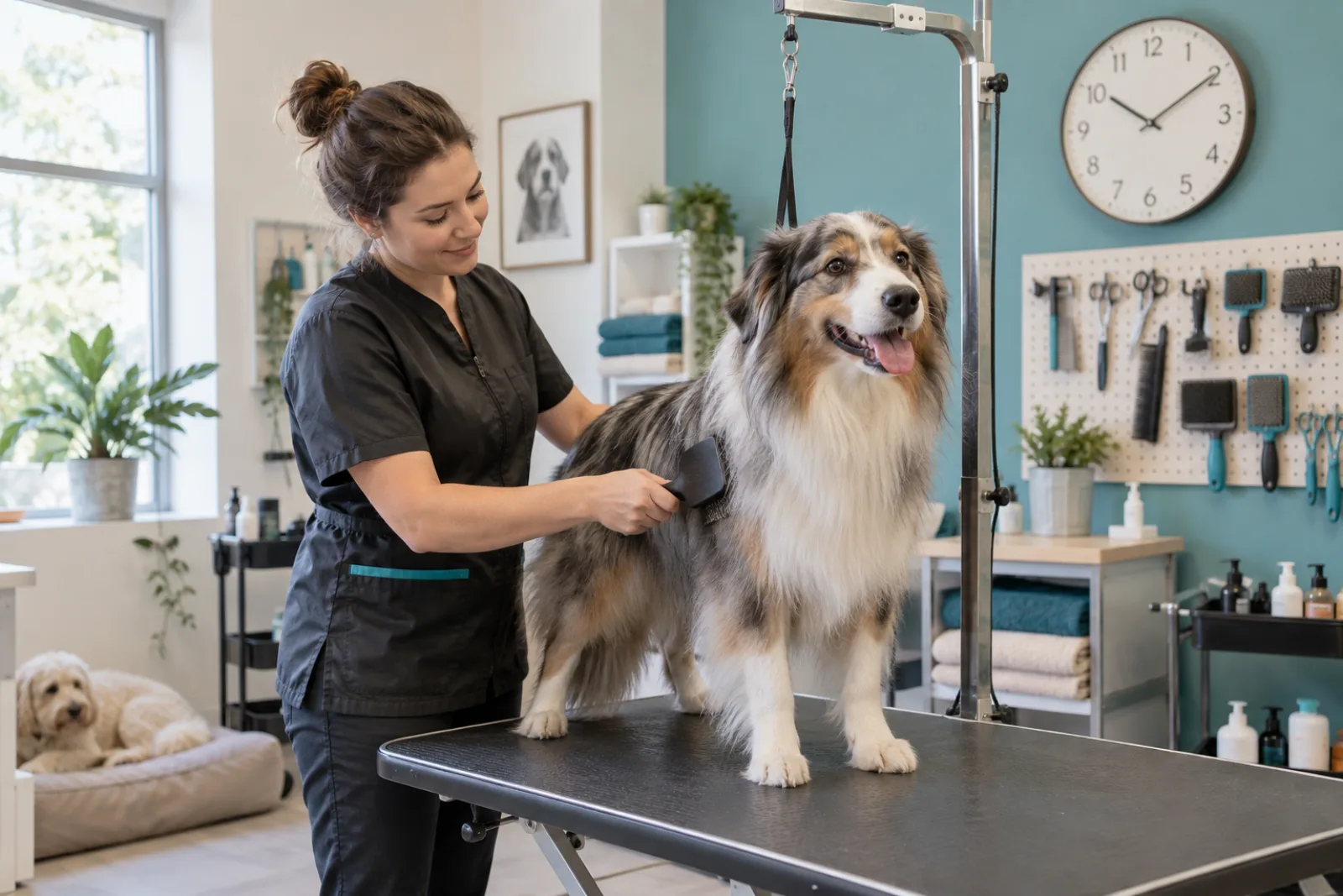 Groomer brushing a long-coated dog beneath a wall clock