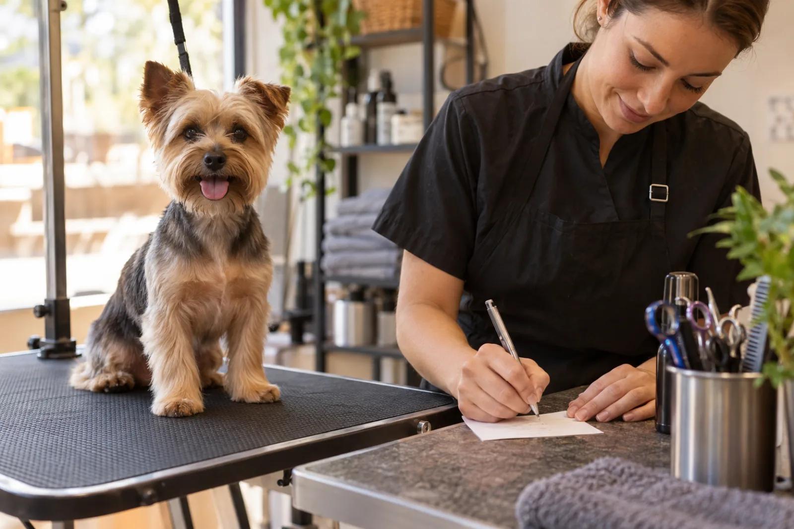 Groomer writing notes beside a freshly groomed terrier