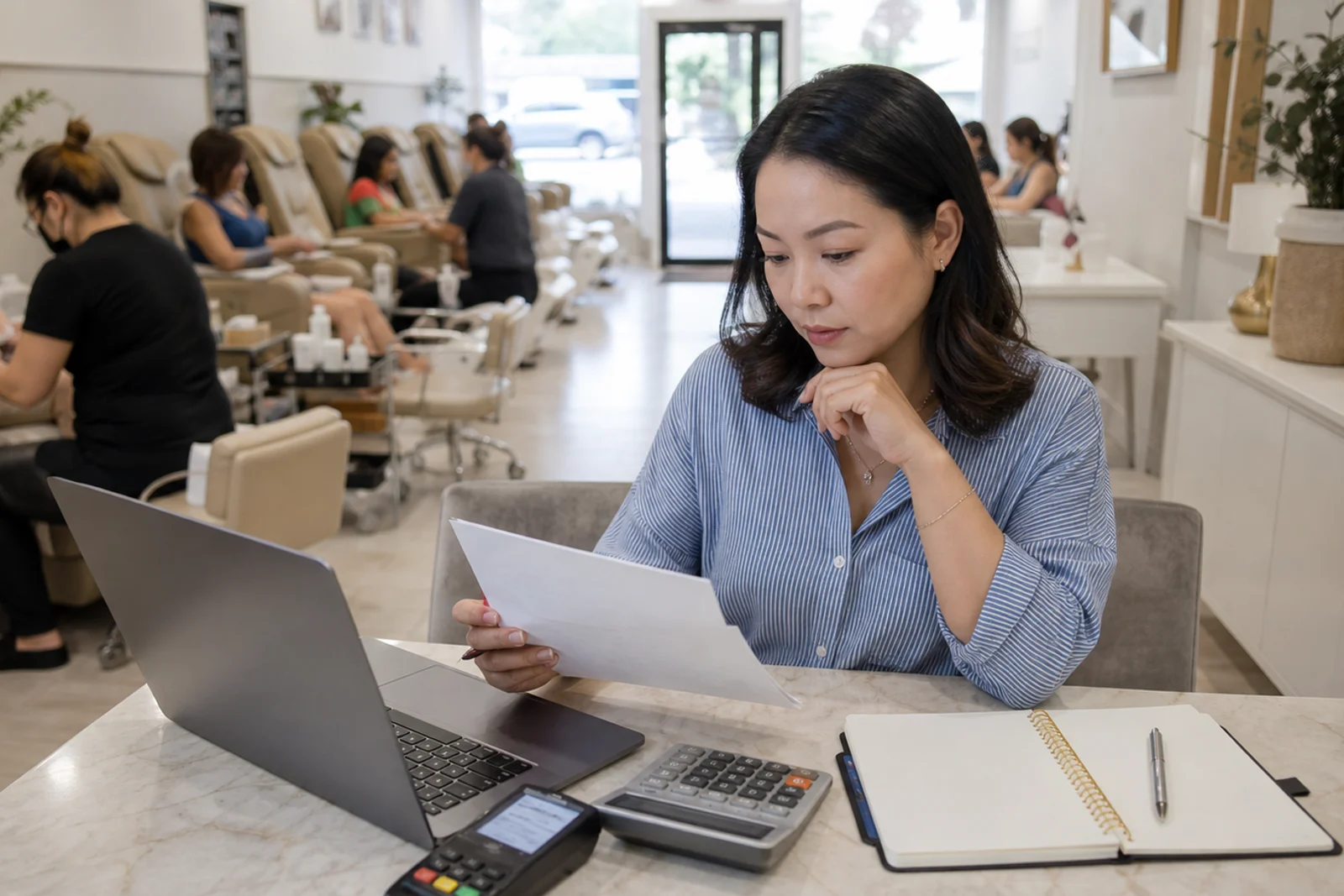 Woman at a nail salon counter reviewing a paper beside a laptop, calculator, and card reader