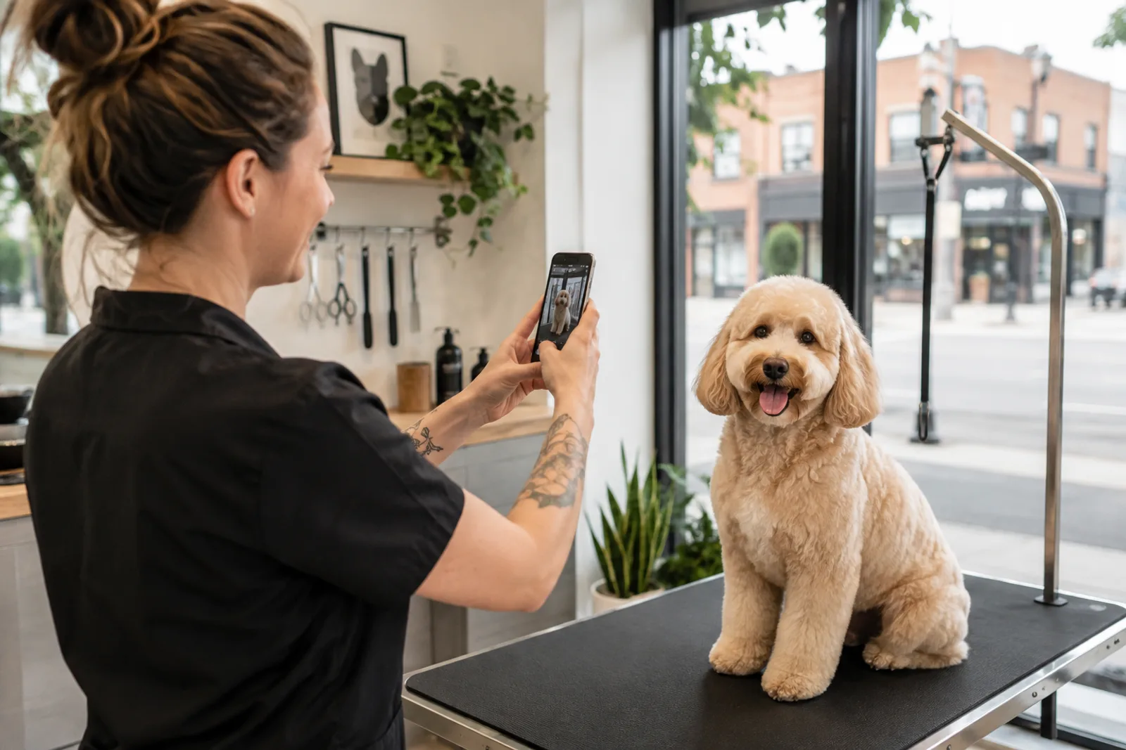 Pet groomer sharing a freshly groomed dog on social media