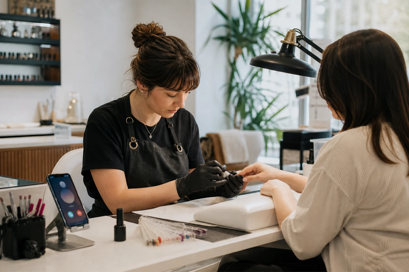 Nail technician working while an AI phone assistant handles a salon call