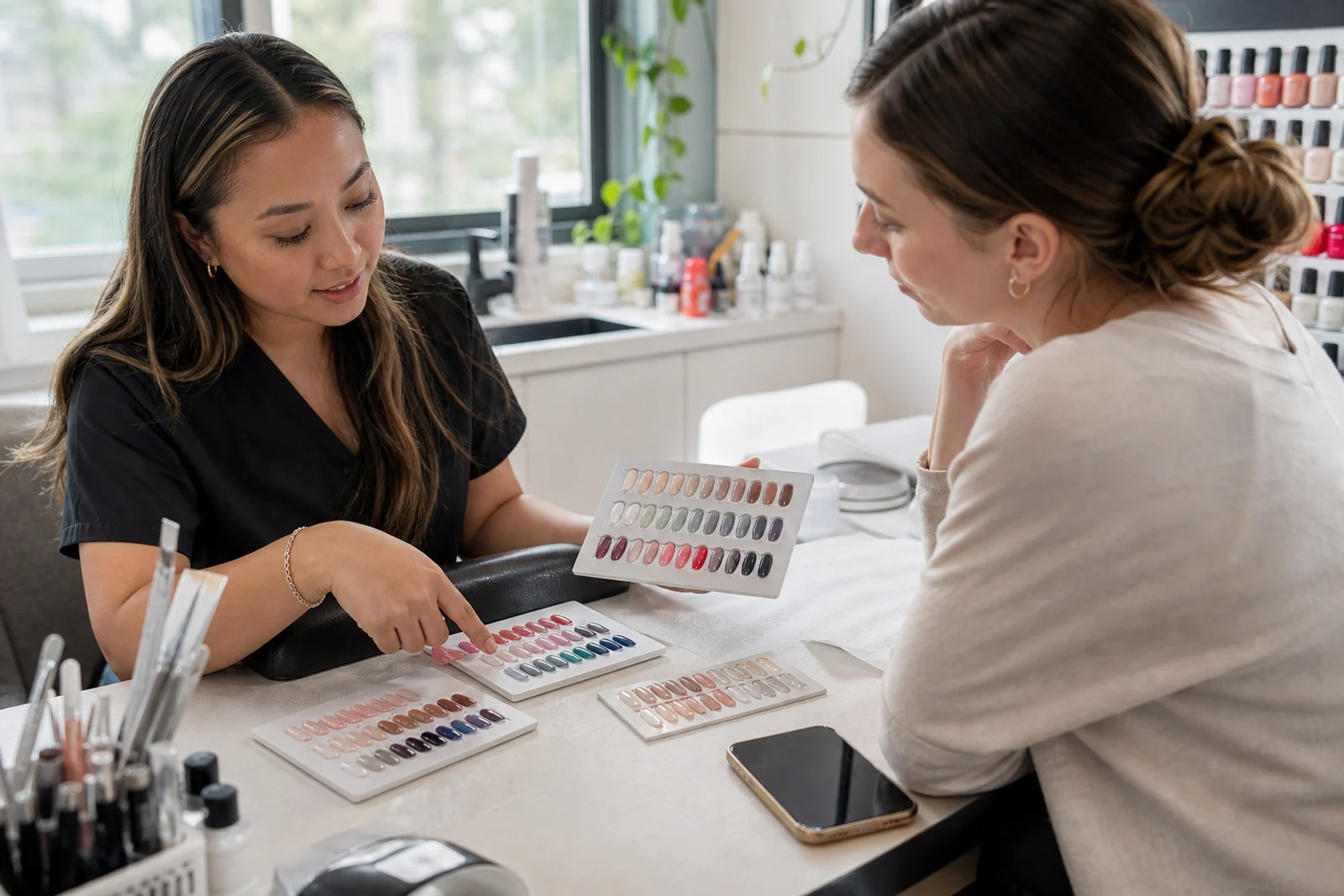 Nail technician reviewing service options and prices with a client