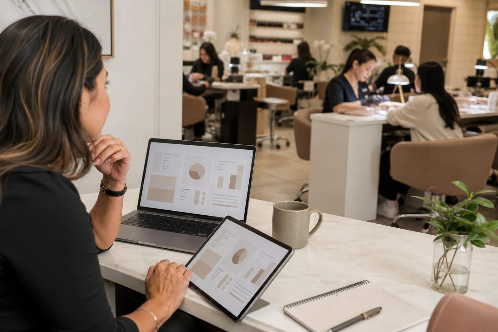 Woman at a nail salon counter viewing charts on a laptop and tablet