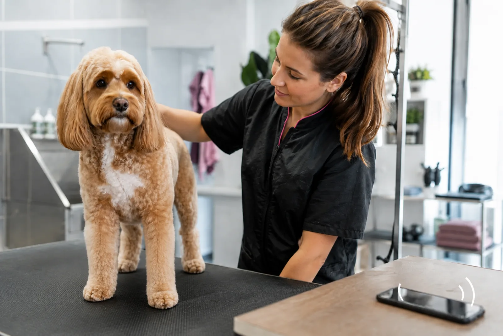 Busy pet groomer receiving a booking call beside a grooming table