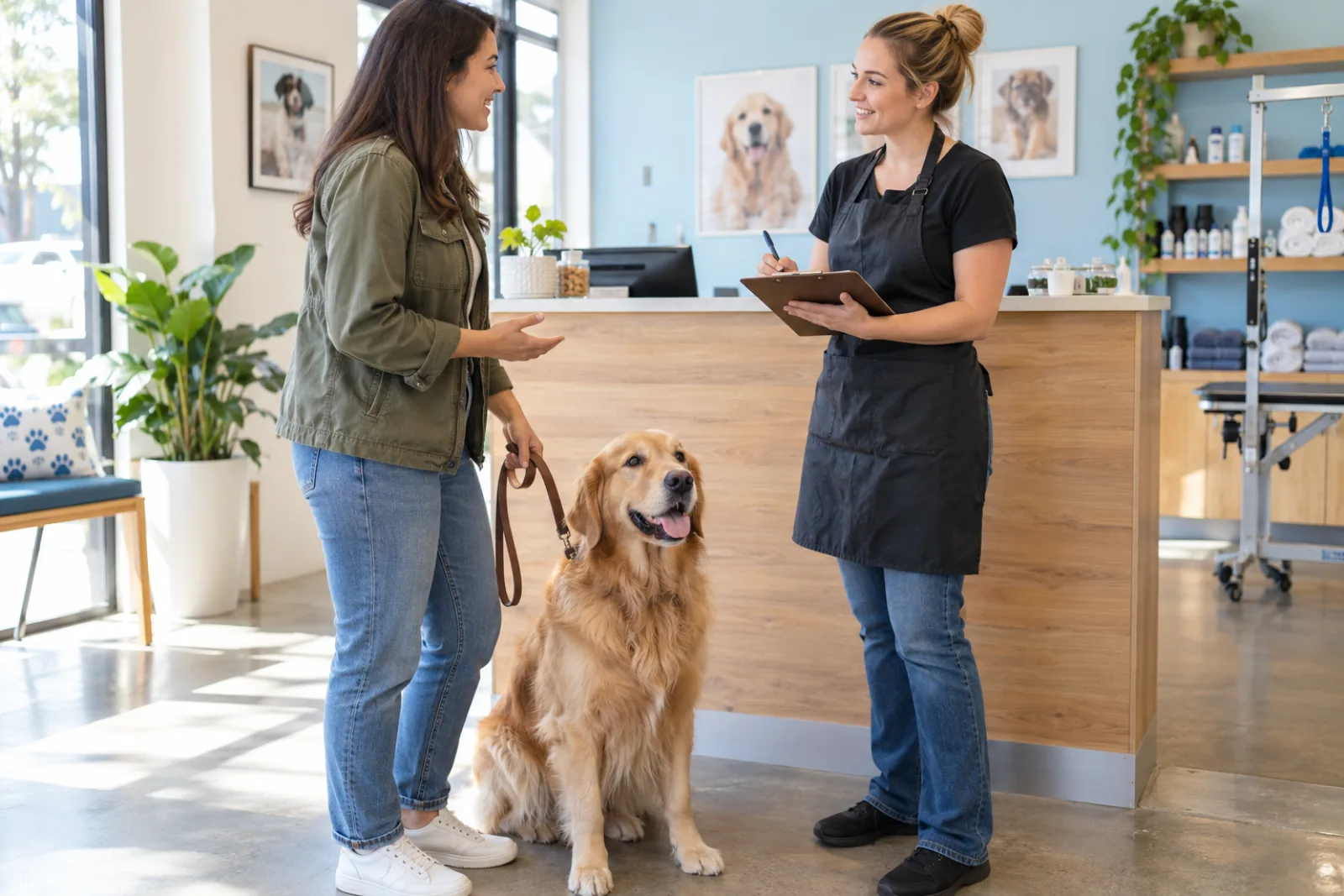 Groomer completing an intake form with a dog owner and golden retriever