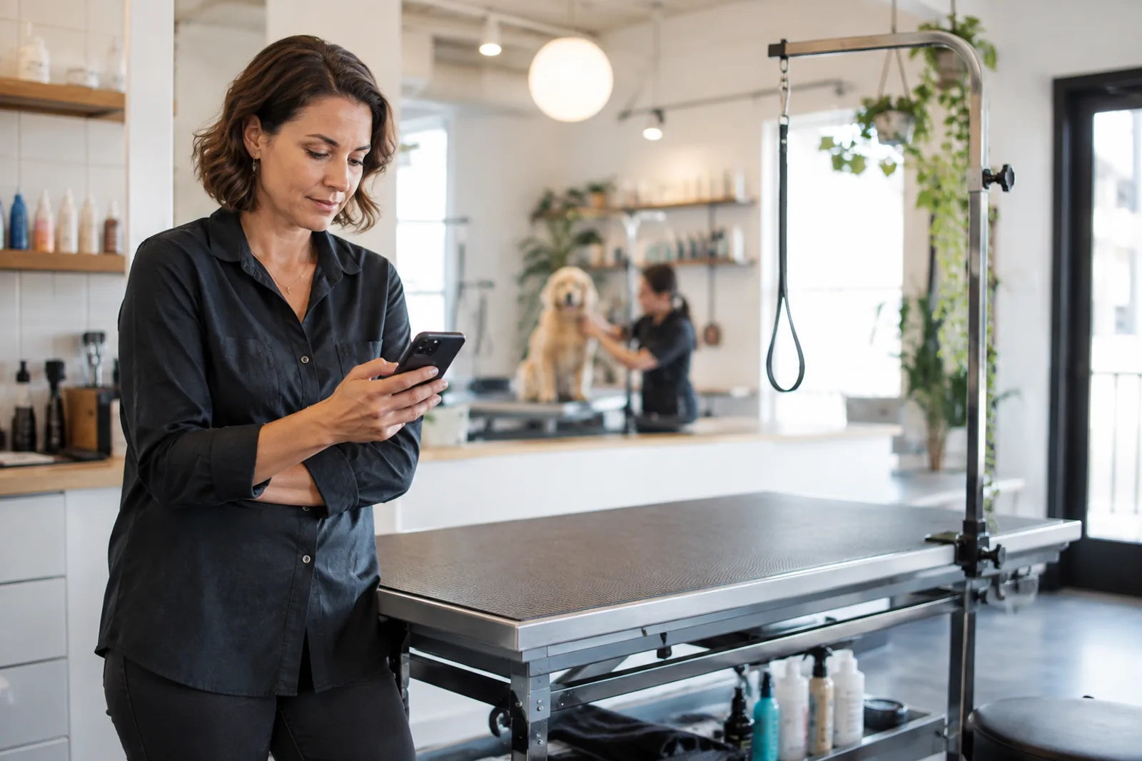 Pet groomer checking appointment updates on a phone