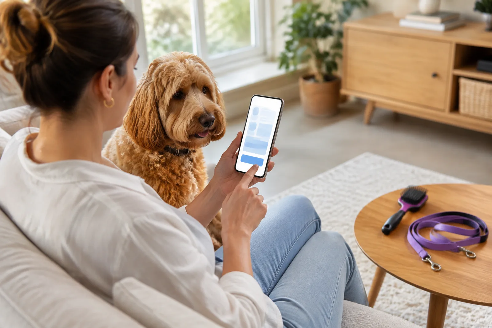 Pet parent booking a grooming appointment on a phone