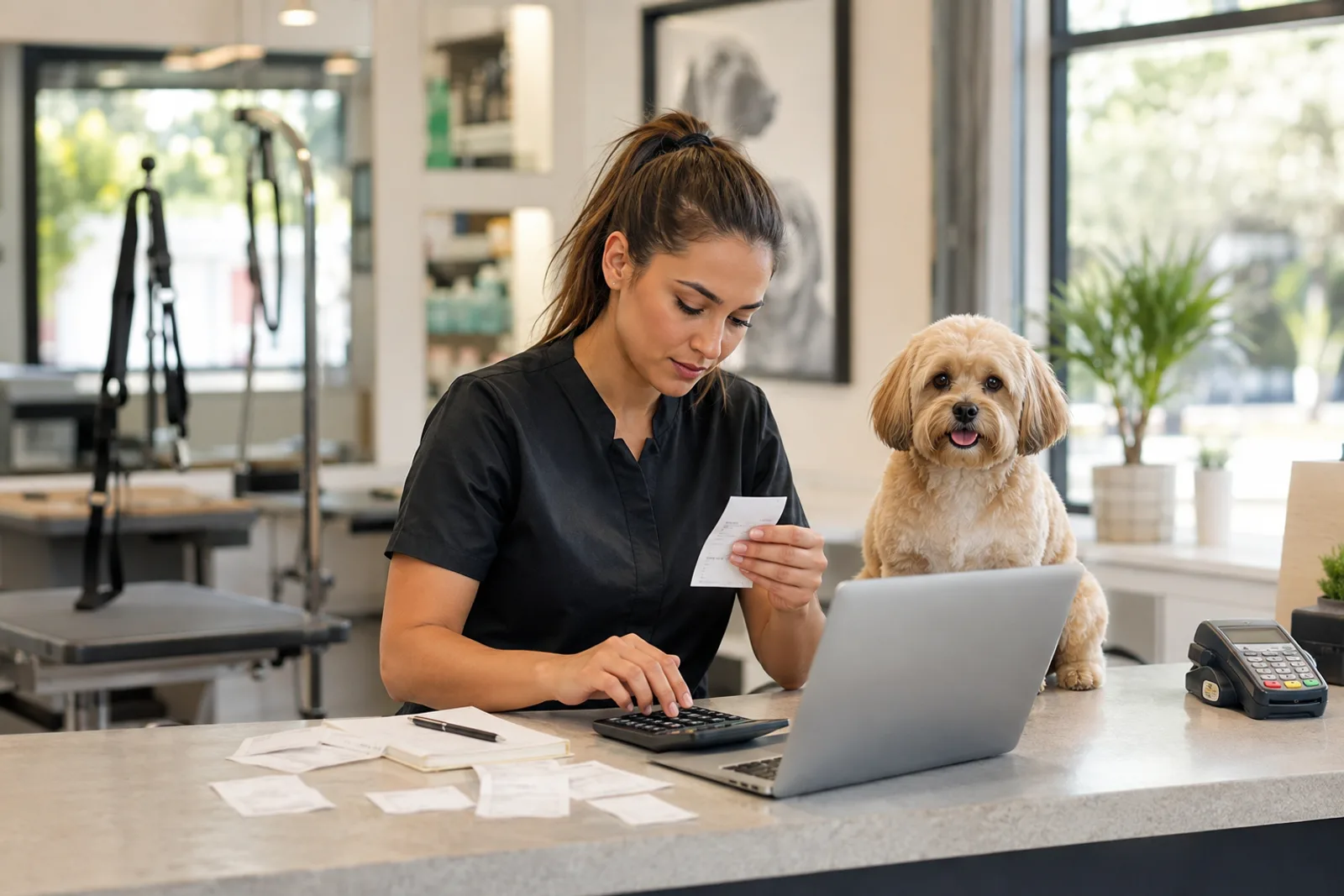Pet groomer reviewing software pricing and monthly business costs