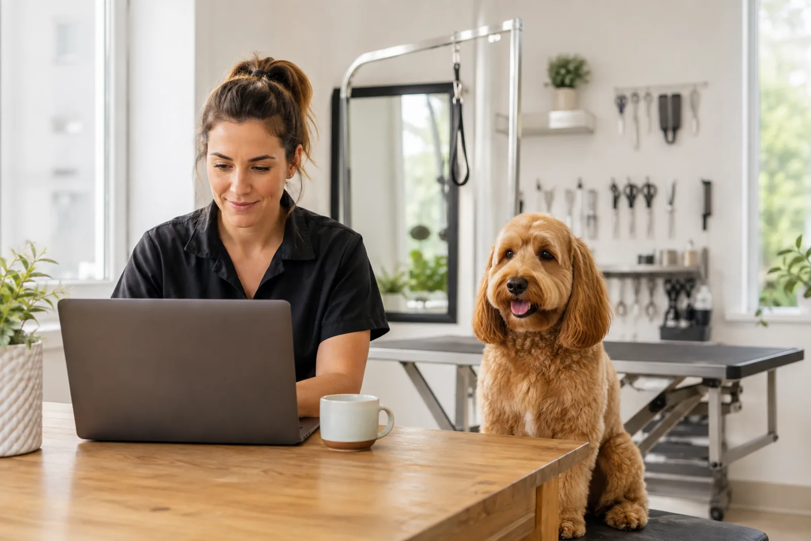 Pet groomer managing appointments while caring for a dog