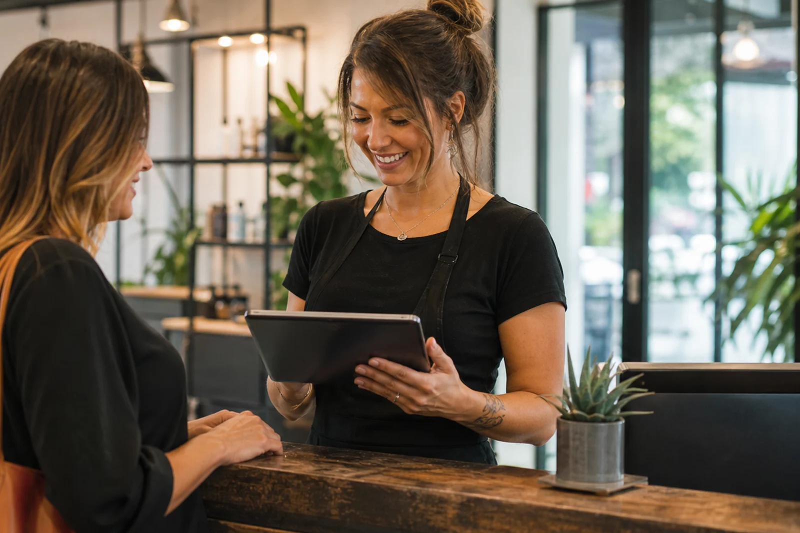 Two women at a salon front desk looking at a tablet