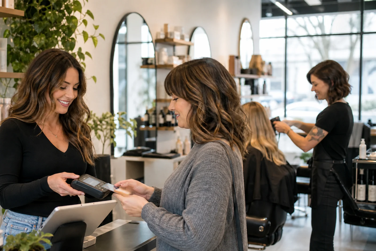 Salon client paying by card at the front desk while stylists work nearby