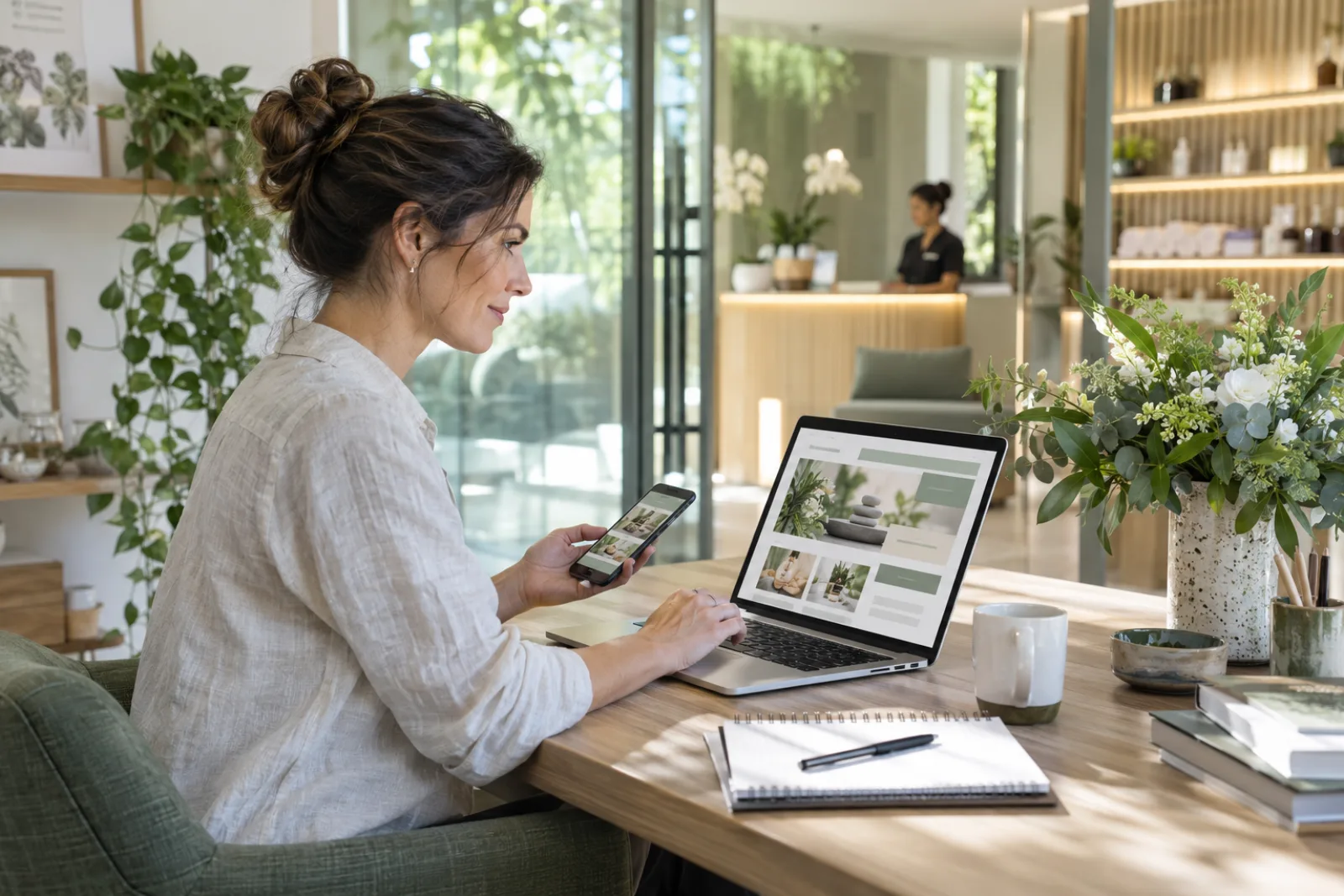 Spa owner reviewing a booking website on a laptop and phone
