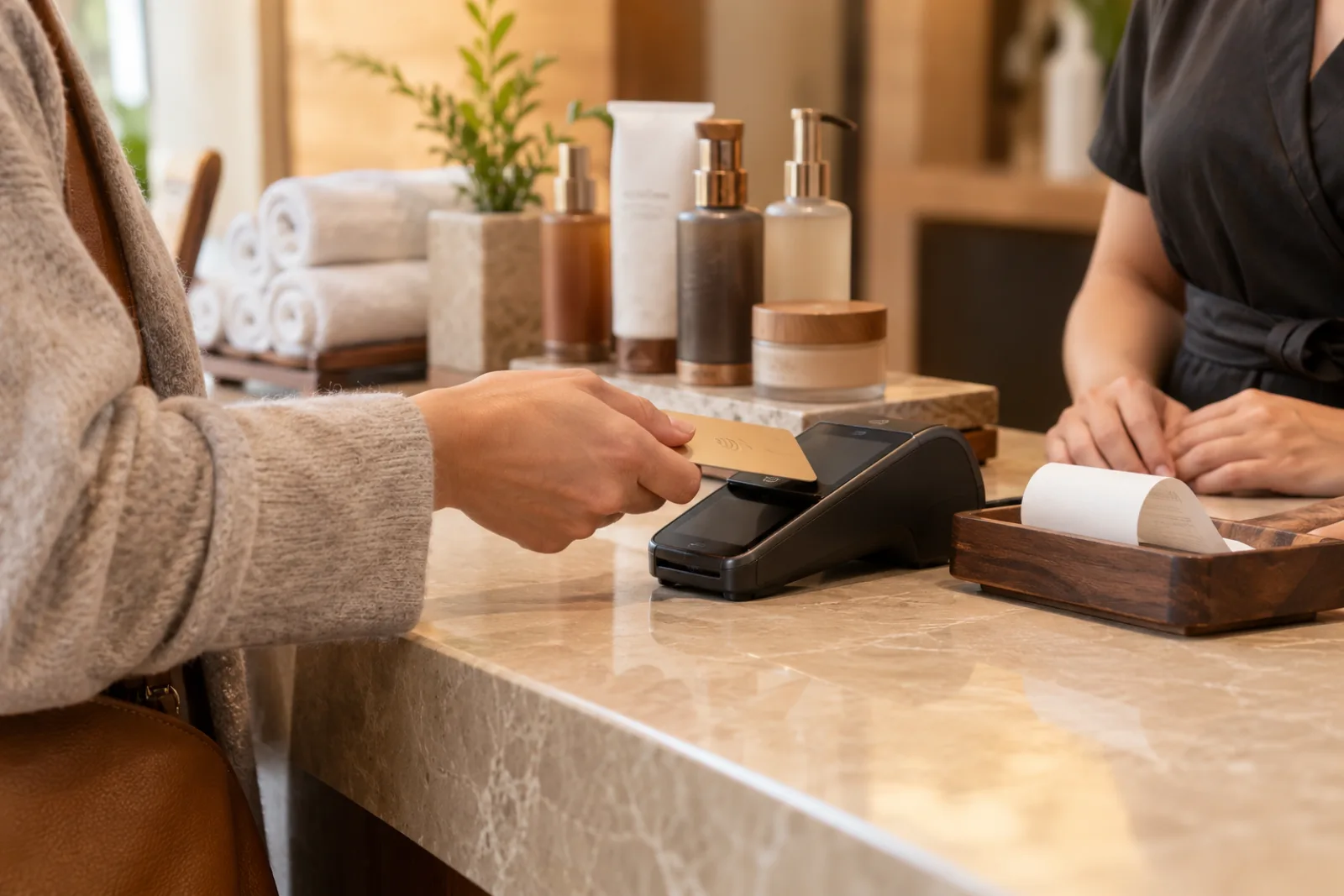 Guest tapping a payment card at a spa checkout counter