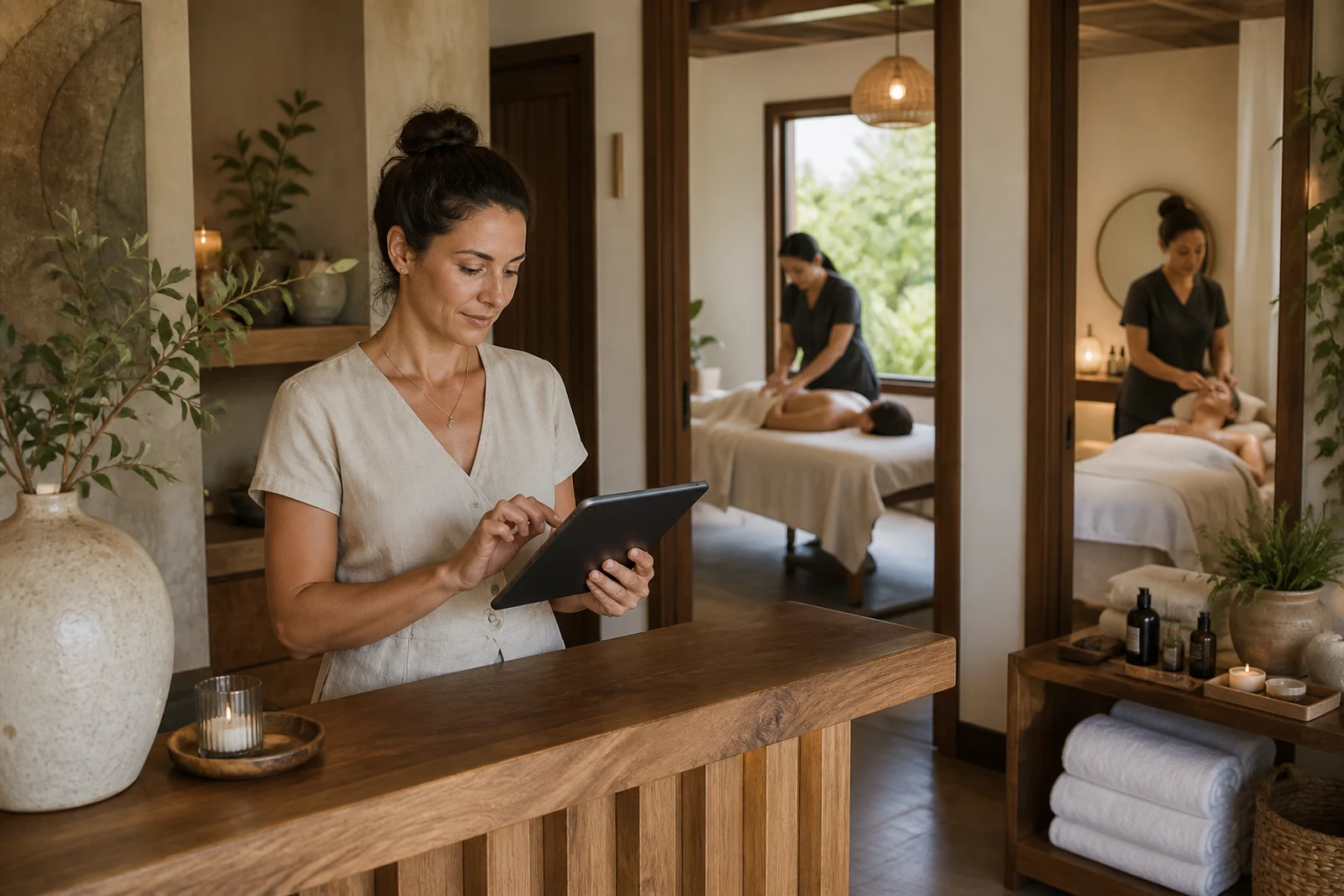 Woman using a tablet at a spa reception desk with treatment rooms in the background