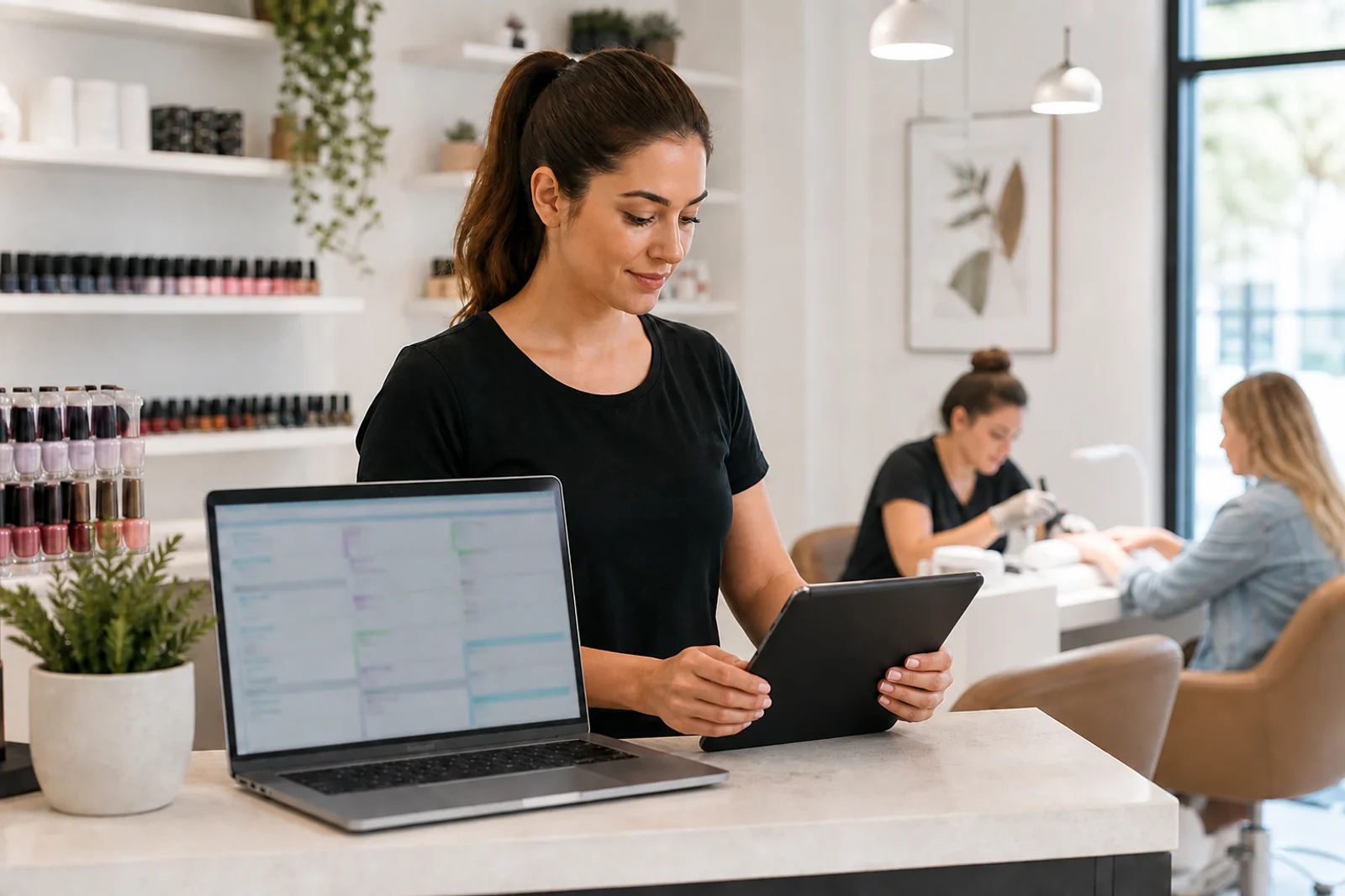 Woman at a nail salon counter using a tablet beside an open laptop