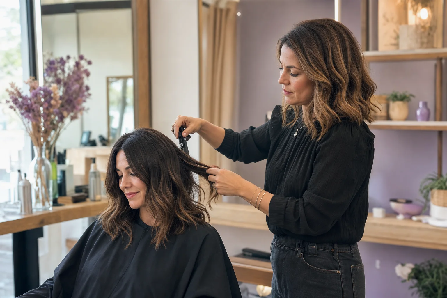 Professional hairstylist serving a client in a modern salon